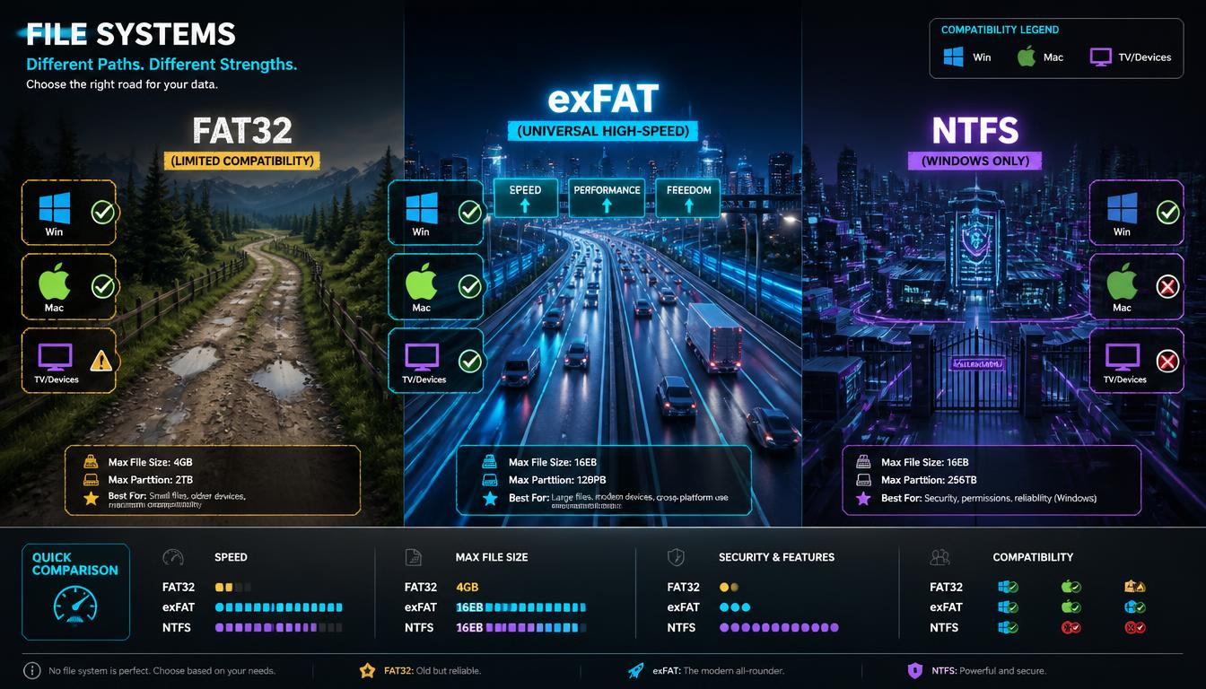 An informative infographic visualizing the differences between file systems (FAT32, exFAT, NTFS) as distinct types of digital road networks, indicating their specific characteristics and cross-platform compatibility.