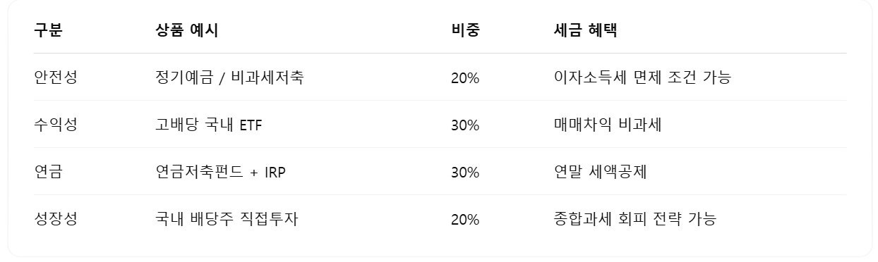 50대 여성을 위한 절세 포트폴리오 예시 정리표