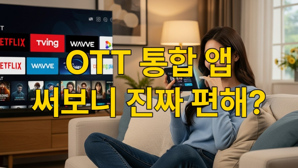 20대 후반의 한국 여성이 편안하게 소파에 앉아 통합 OTT 앱을 사용하며 만족스러운 표정을 짓고 있는 모습. 뒤로는 여러 OTT 로고가 보이는 TV 화면이 있다.