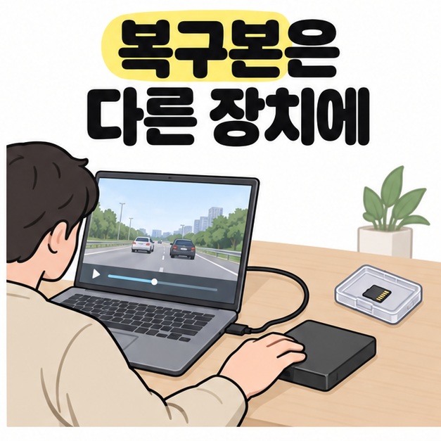 복구본은 다른 장치에 문구 아래 노트북에 연결된 외장 저장장치에 손을 올린 성인과 따로 보관된 메모리카드