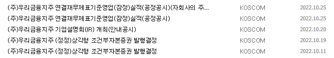 우리금융지주 공시 목록