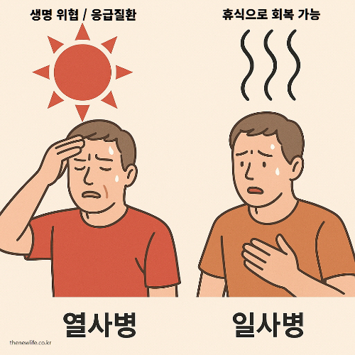 heatstroke vs Heat Exhaustion - A man with severe heatstroke (left) showing signs of danger, and a man with heat exhaustion (right) appearing fatigued. / 열사병과 일사병의 차이 – 생명이 위급한 열사병(왼쪽)과 휴식으로 회복 가능한 일사병(오른쪽)을 나타냄.