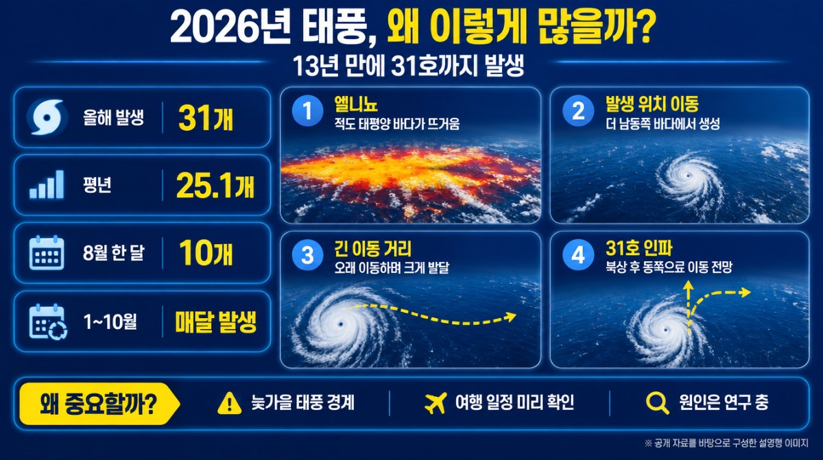2026년 태풍 발생 수와 엘니뇨 배경 설명 인포그래픽 (AI 생성 이미지)