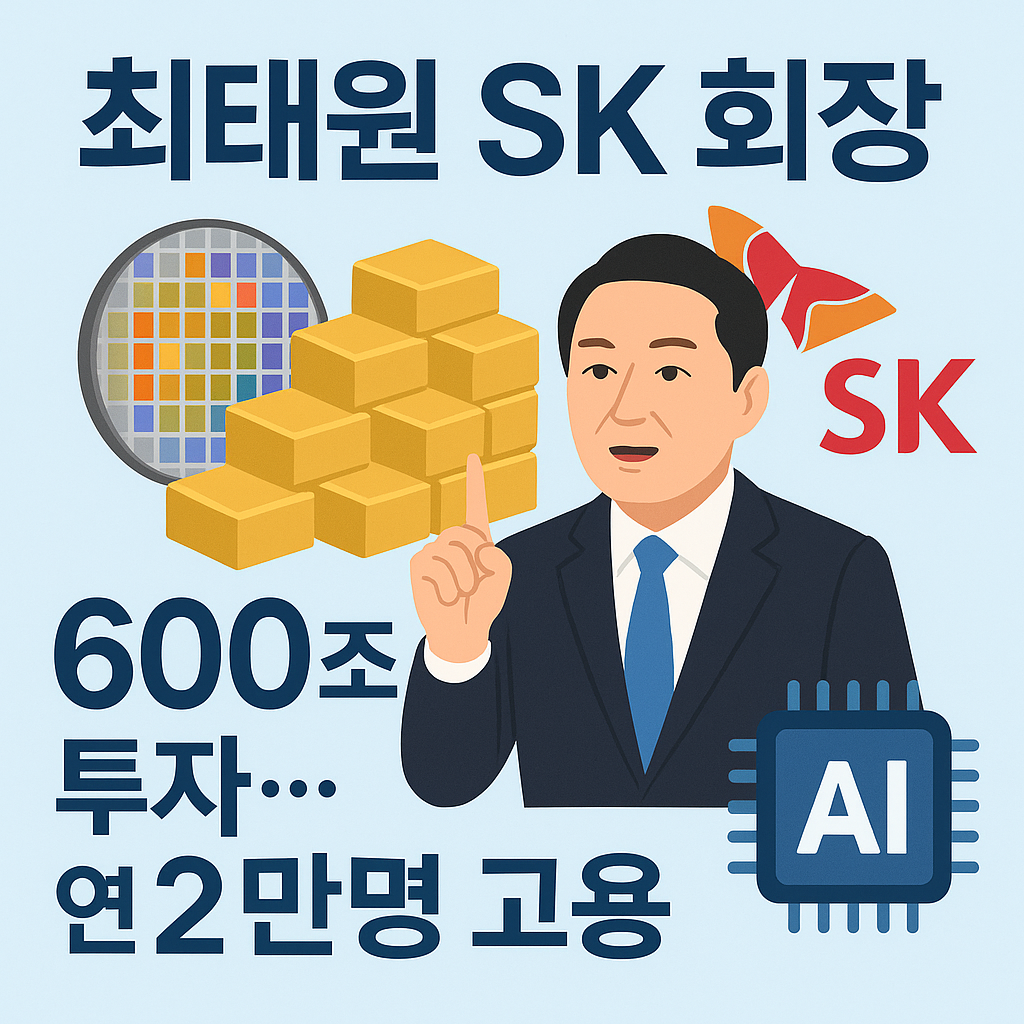 “최태원 SK 회장이 600조 투자와 연 2만 명 고용 계획을 발표하는 내용을 상징적으로 표현한 일러스트. 반도체 웨이퍼, 금괴, AI 칩, SK 로고와 함께 회장 인물이 등장하는 이미지.”