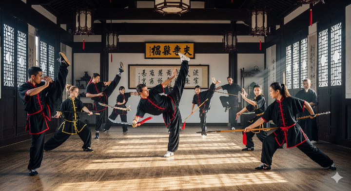 우슈 도장에서 운동하는 사람들의 모습