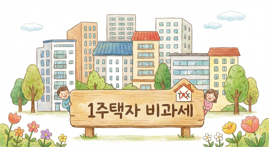 집 여러 채와 1 주택자 비과세 표지판 일러스트