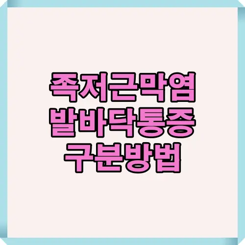 족저근막염과 단순 발바닥 통증을 비교하여 아침 첫걸음 통증, 위치별 통증 차이를 설명하는 인포그래픽으로 스스로 증상을 구분할 수 있도록 제작된 안내 이미지입니다.