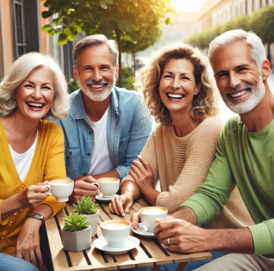 중장년 부부 2쌍이 웃으며 야외 테이블에서 커피 마시는 모습