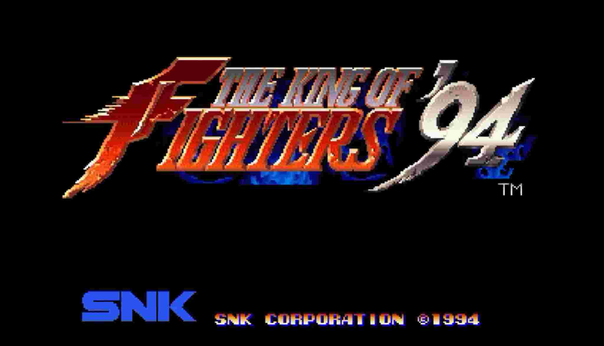 검은색 배경에 The King of Fighters 94 로고와 SNK 로고가 표시된 아케이드 타이틀 화면