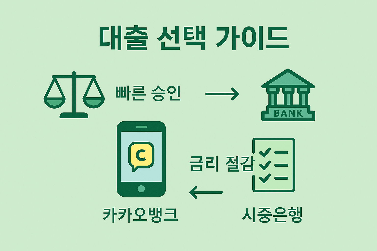 카카오뱅크와 시중은행 대출 선택 기준을 빠른 승인과 금리 절감이라는 핵심 포인트로 구분해 제시한 플랫 디자인 인포그래픽으로, 대출 목적에 따른 맞춤형 선택을 돕는 시각 자료