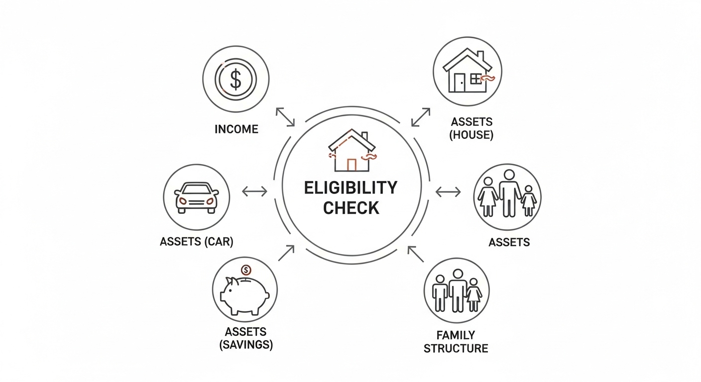 소득, 재산, 가구원 수 등 생계급여 자격 요건을 시각적으로 보여주는 인포그래픽.
