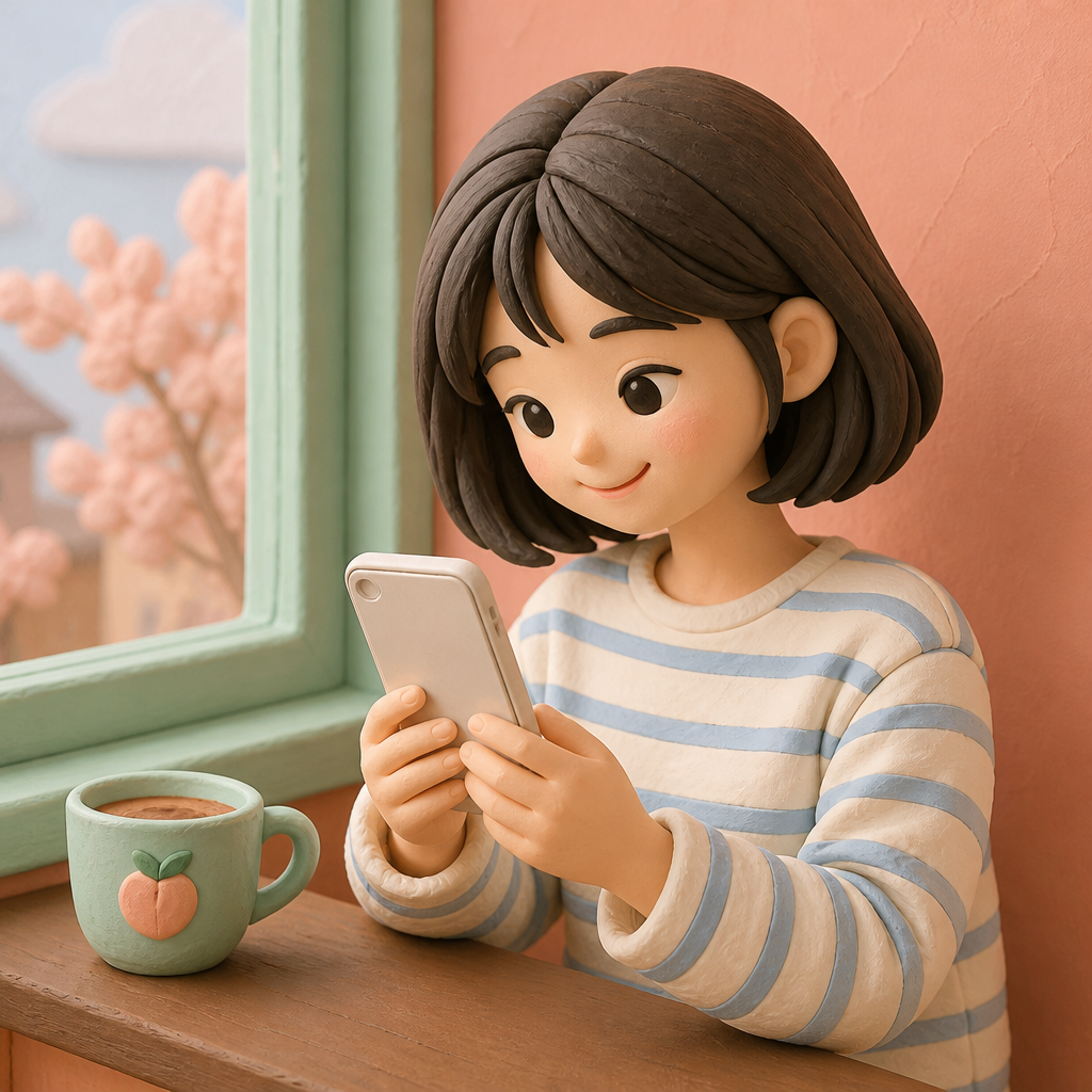 카페 창가에서 휴대폰 속 사진을 웃으며 넘겨 보는 20대 여성