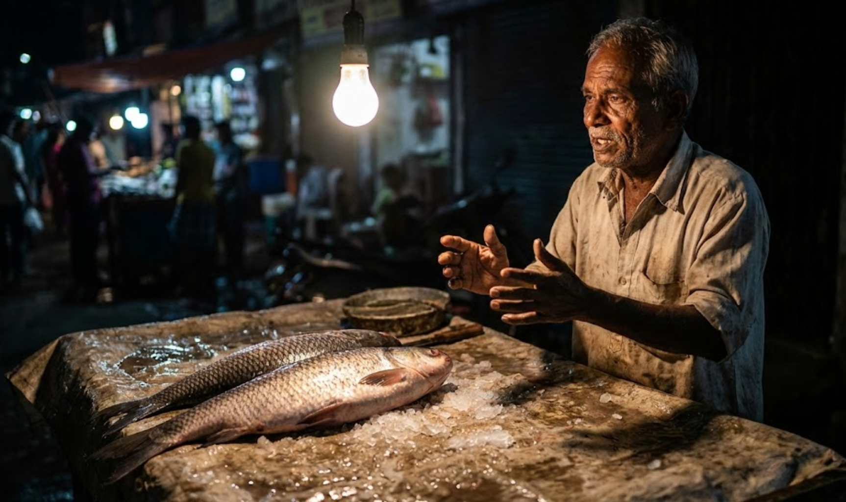 낮에 100루피짜리 생선이 밤에는 200루피가 된답니다.