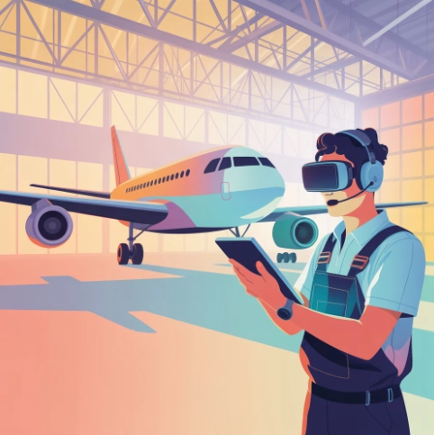 비즈니스 AR 사례와 산업별 활용 전략 비행기 앞에서 AR고글을 착용하고 오류 정비 중인 예시 이미지