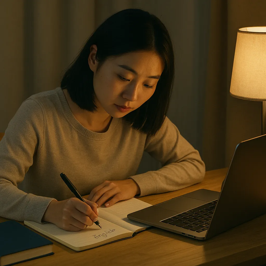 책상 위에서 저녁 시간 영어공부에 집중하는 모습
