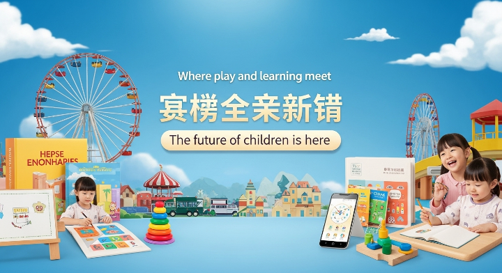 다양한 유아 교육을 위한 제품들을 소개하고 있습니다. 스마트기기도 보이고 다양한 놀이기구들도 있습니다. 어린이들이 책을 함께 보면서 환한 웃음을 짓고 있는 이미지입니다.