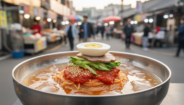 매콤달콤한 양념과 시원한 육수가 어우러진 부산의 대표 명물 밀면
