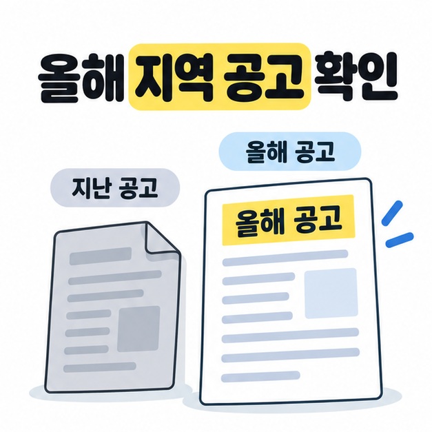 올해 지역 공고 확인이라는 제목 아래 회색 지난 공고와 밝은 올해 공고를 나란히 놓고 올해 공고를 강조한 이미지