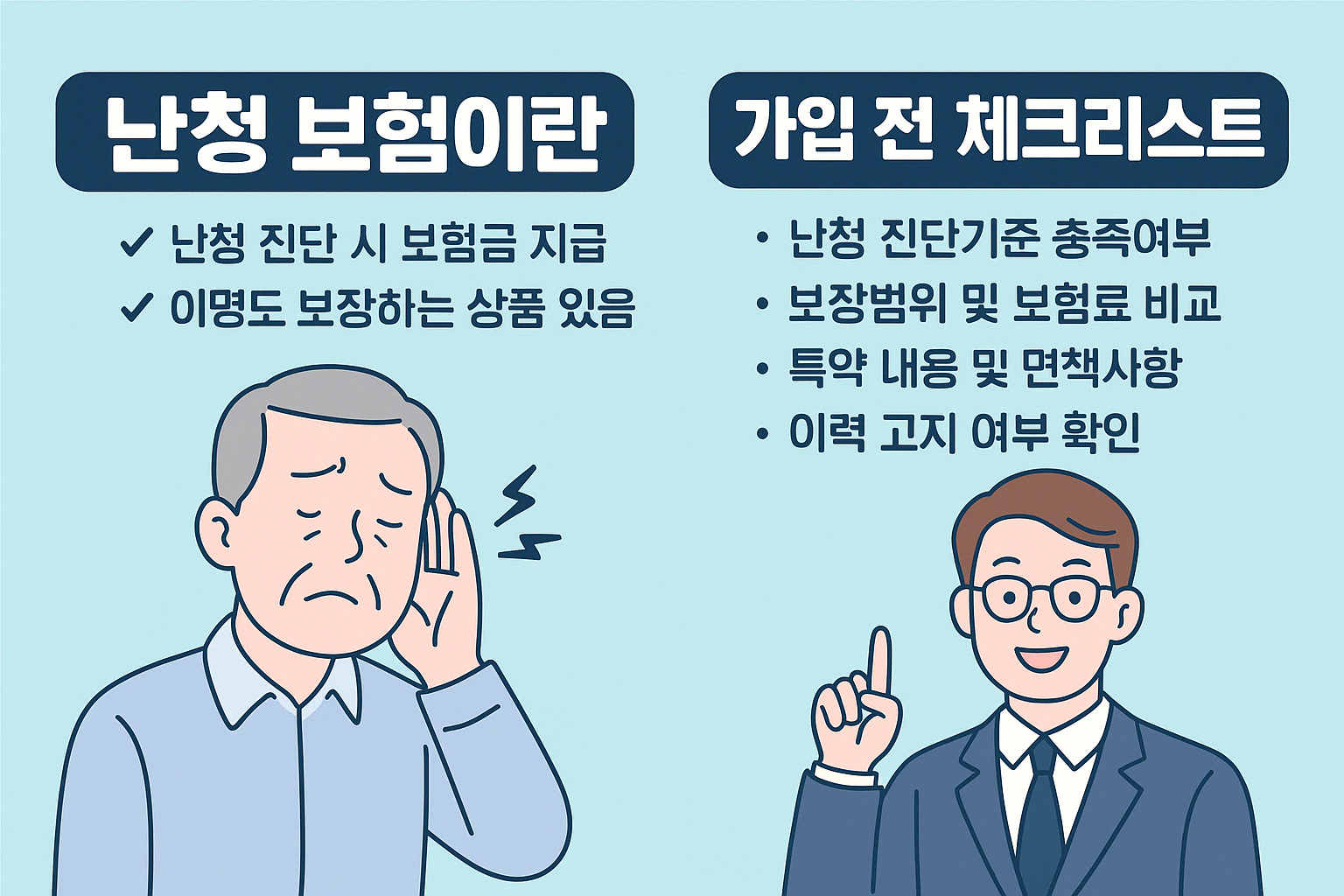 2025년 난청보장보험 관련 내용을 시각적으로 쉽게 전달하기 위한 일러스트 이미지로, 시각적 활용성과 정보 전달 효과를 비교할 수 있도록 구성됨