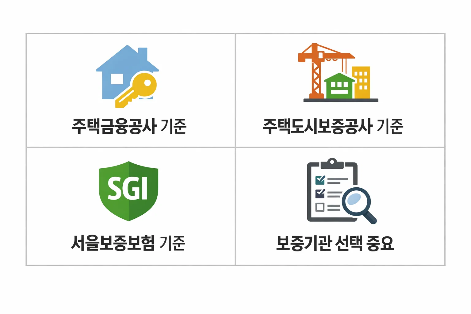 주택금융공사와 주택도시보증공사 서울보증보험 기준 차이를 비교해 보증기관 선택 중요성을 설명한 이미지