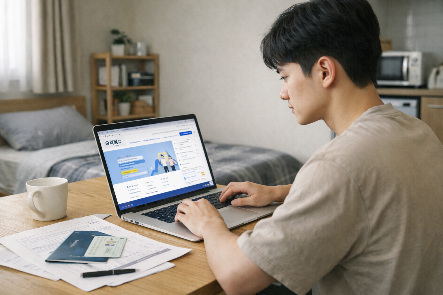 청년이 자취방에서 월세를 고민하고 있다.