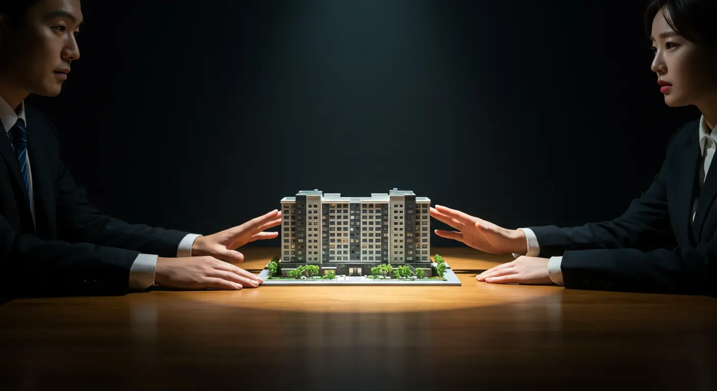 아파트 모형을 두고 서로 다른 방향으로 밀며 공동명의 담보대출을 고민하는 한국인 부부