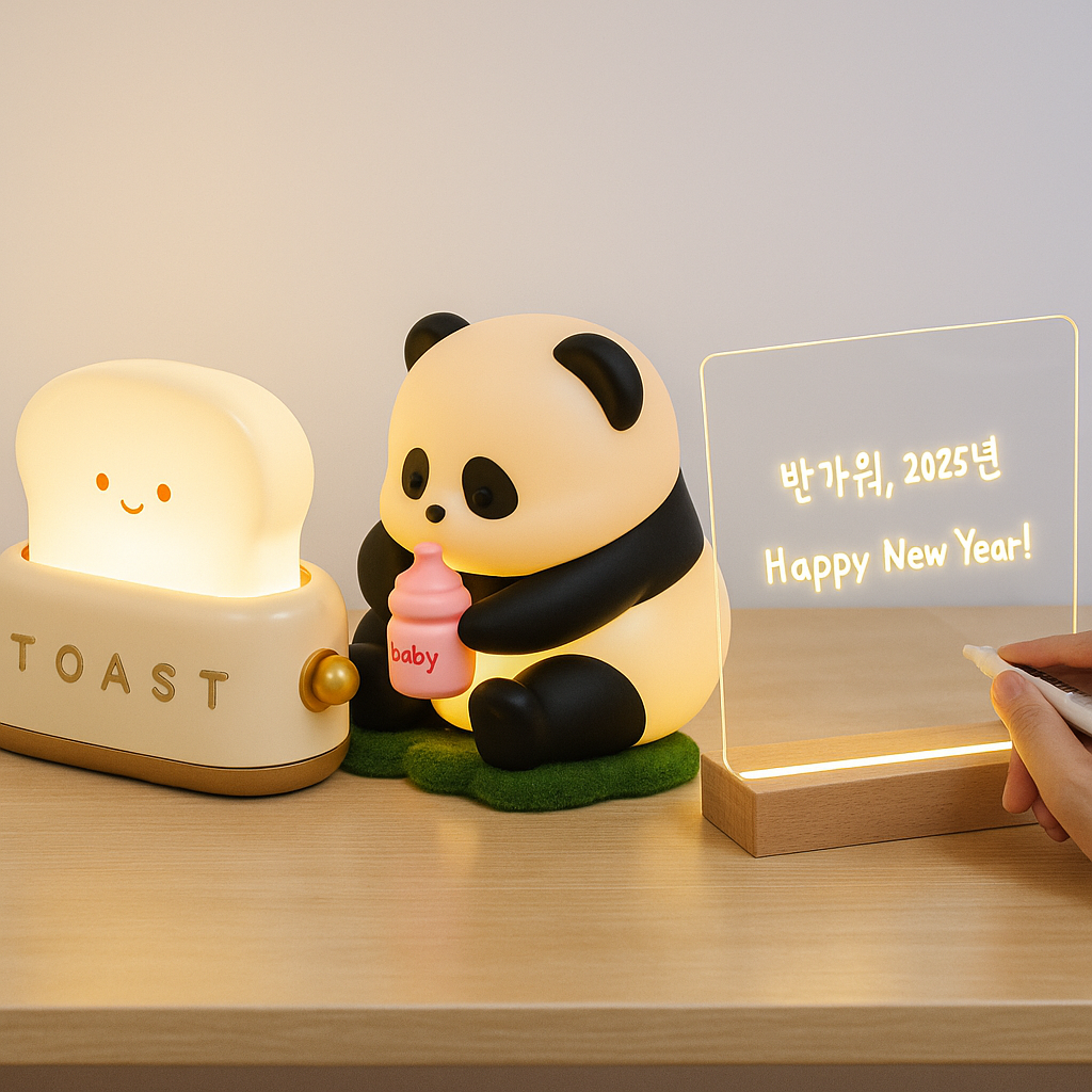 토스트 무드등, 푸바오 실리콘 조명, 아크릴 문구 무드등으로 꾸민 자취방 감성 인테리어