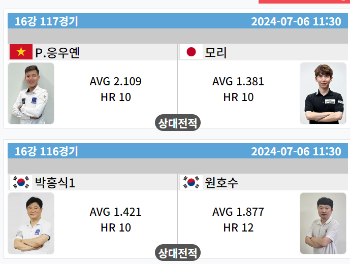 하나카드 PBA 챔피언십 16강 대진표