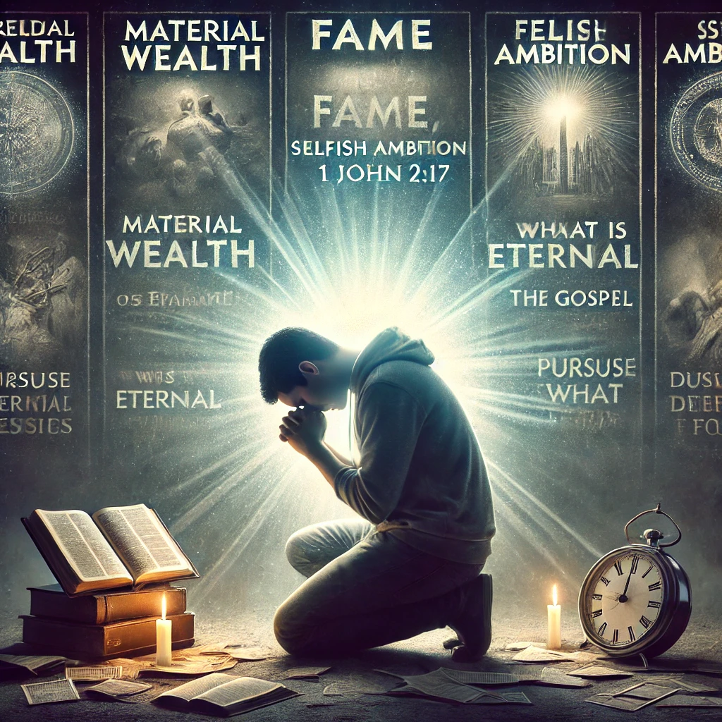 사라질 것과 영원한 것을 분별하며, 세상의 정욕과 이생의 자랑을 버리고 하나님께 속한 진리에 집중하는 삶을 적용하여 숨기도하는 모습이 담긴 이미지가 있습니다. 이 장면은 세상의 일시적인 것들을 내려놓고, 하나님의 뜻을 따르는 확신과 결단을 강조하며, 1 요한 2:17의 가르침을 묵상하는 깊은 영적 태도를 잘 담고 있습니다. 🙏✨📖