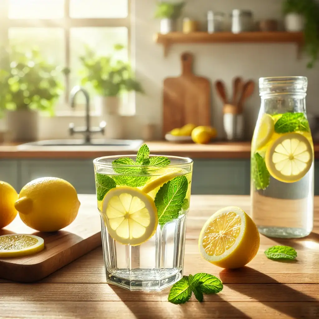 햇살 가득한 아침 식탁 위에 놓인 민트와 레몬이 들어간 상큼한 레몬수