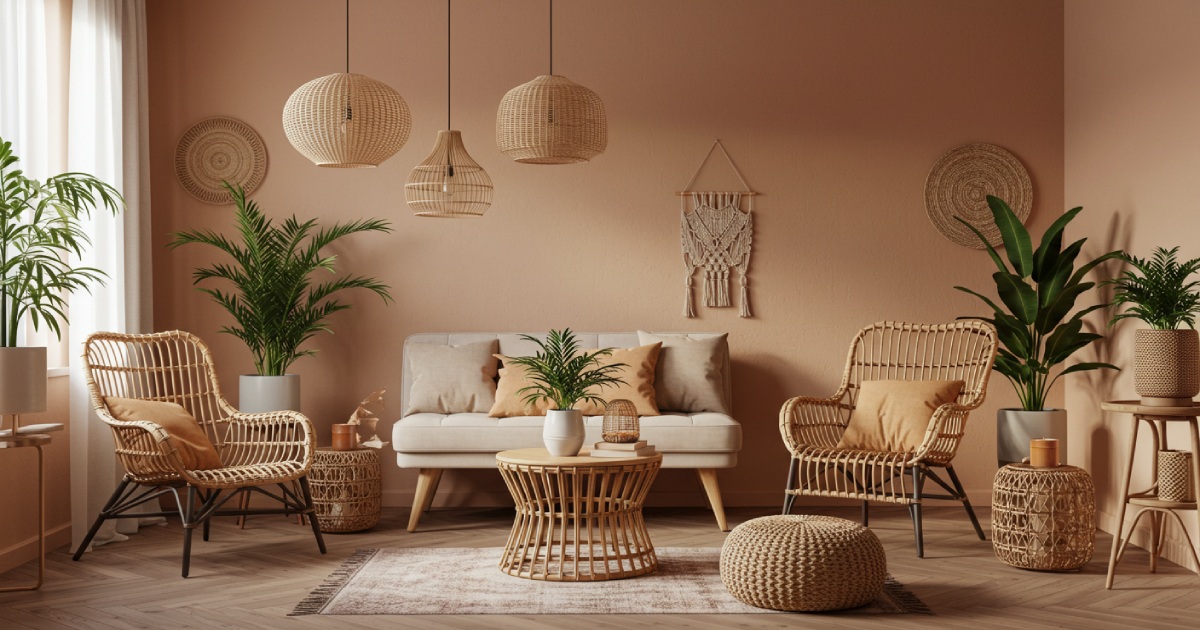 라탄 조명과 의자가 어우러진 내추럴 무드의 현대 거실 인테리어