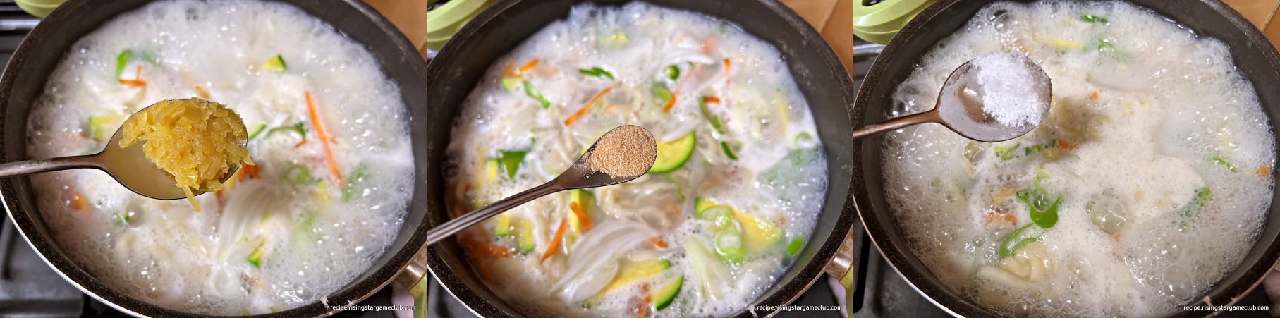 바지락 칼국수에 다진마늘&#44; 다시다&#44; 소금을 넣는 사진