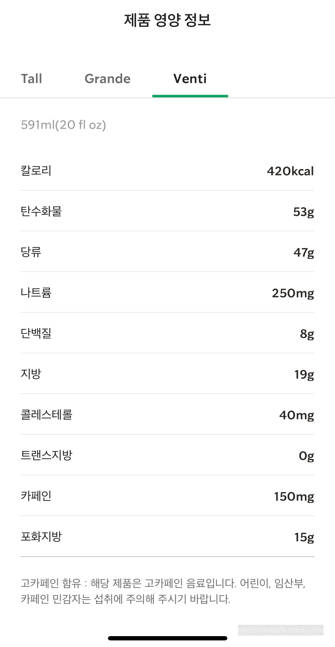  [아이스 블랙 글레이즈드 라떼] 제품 영양 정보/