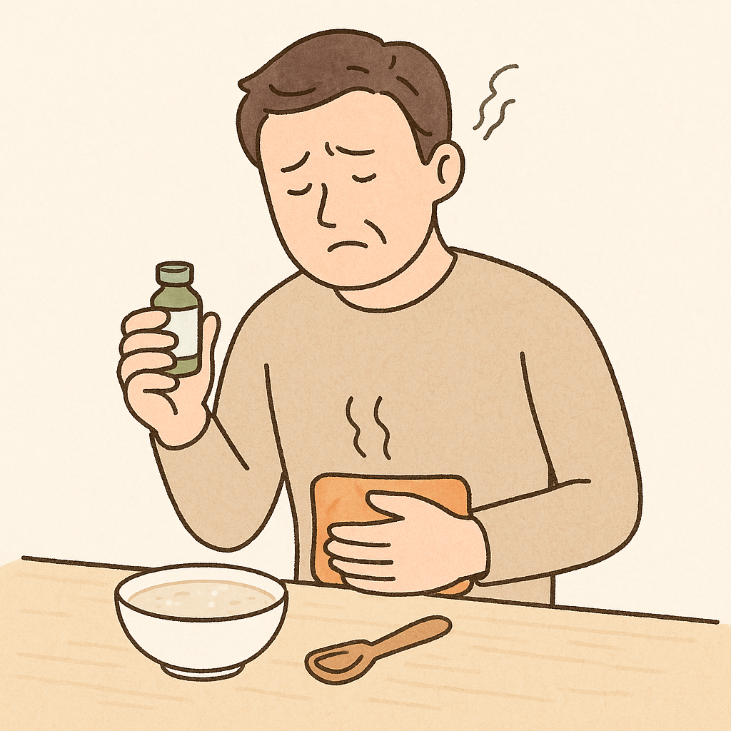 속이 더부룩해 배를 감싸고 있는 남성, 소화제를 들고 있으며 식탁에 죽이 놓여 있음