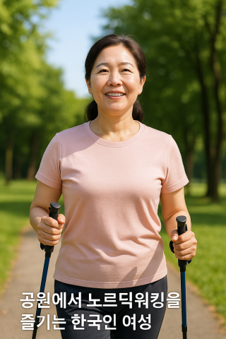 공원에서 노르딕워킹을 즐기는 한국인 여성