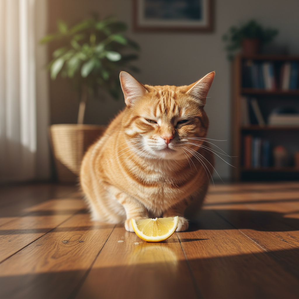 레몬 향을 맡고 싫어하는 표정을 짓는 고양이의 익살스러운 썸네일 이미지