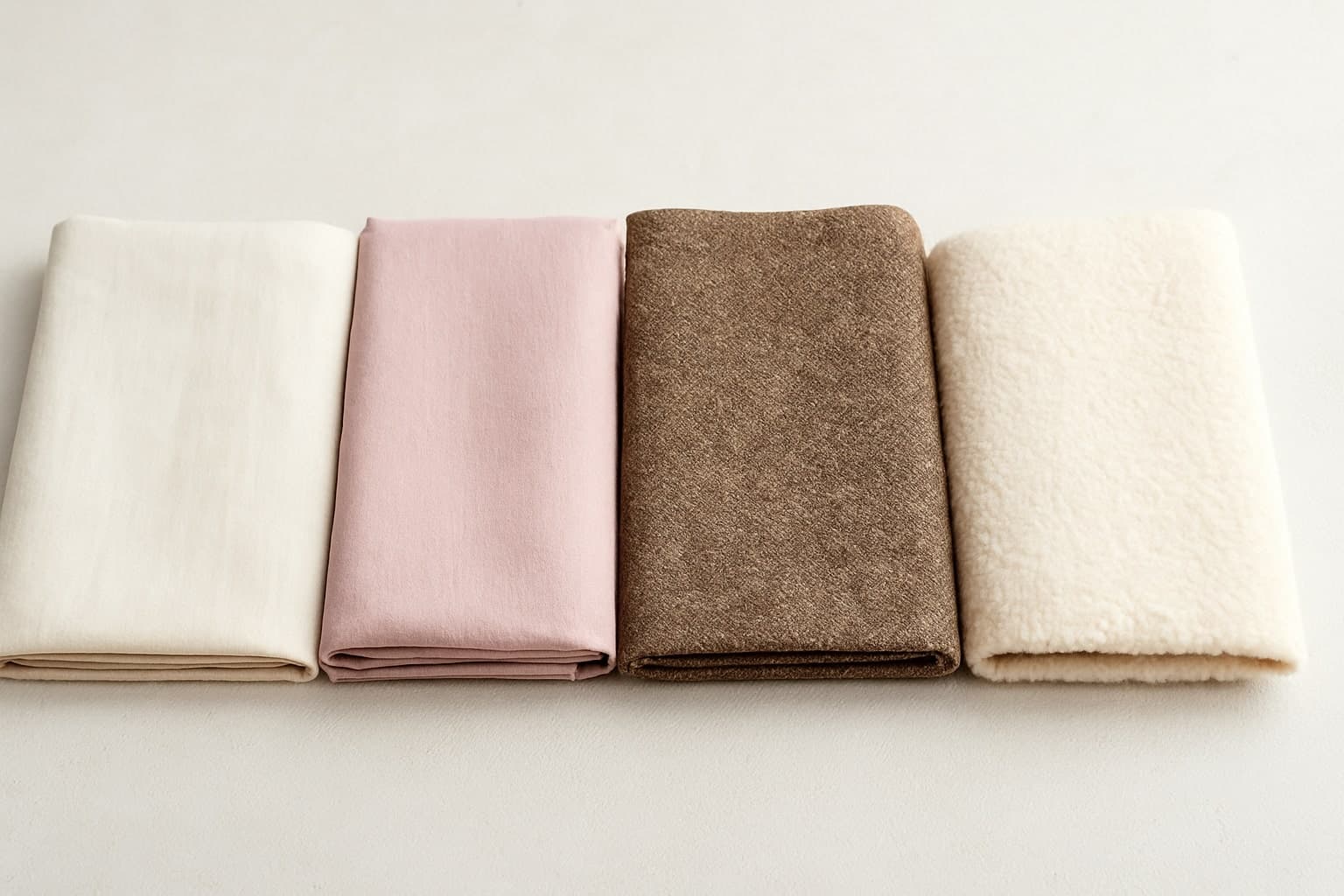 사계절을 대표하는 면, 리넨, 울, 플리스 원단 샘플이 계절별로 나열