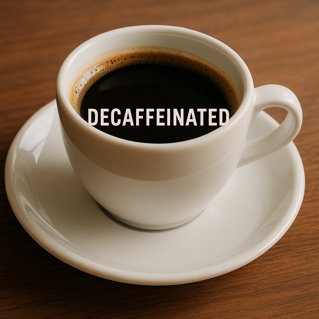 흰색 도자기 컵과 받침 접시에 담긴 디카페인 블랙커피가 나무 테이블 위에 놓여 있다. 따뜻한 조명 아래에서 커피 표면의 얇은 거품과 컵의 윤기가 은은하게 빛난다.