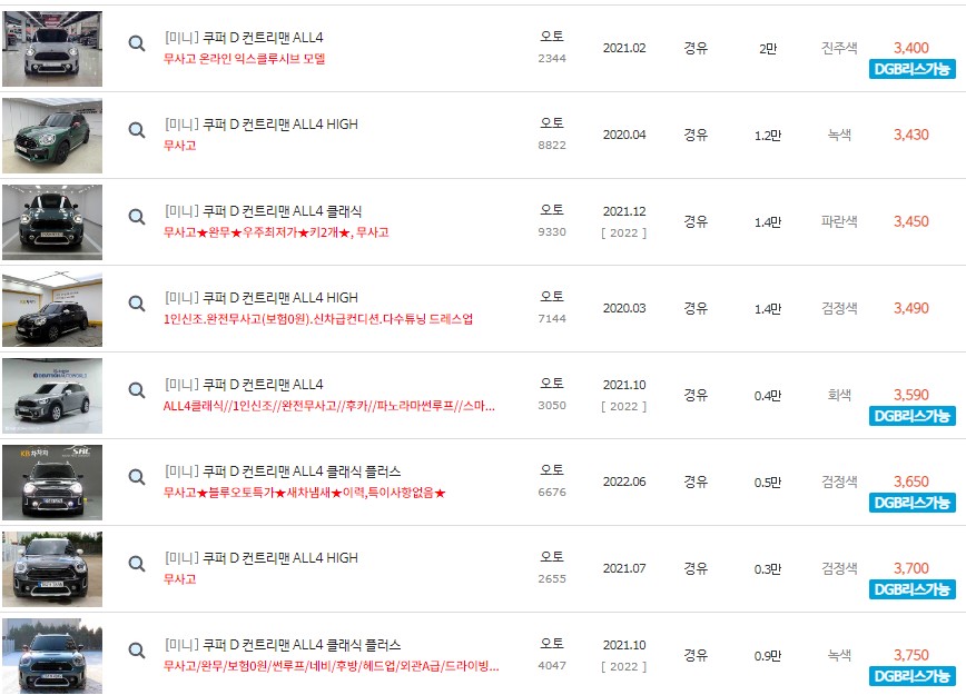 쿠퍼 D 컨트리면 중고차 최고가 시세표