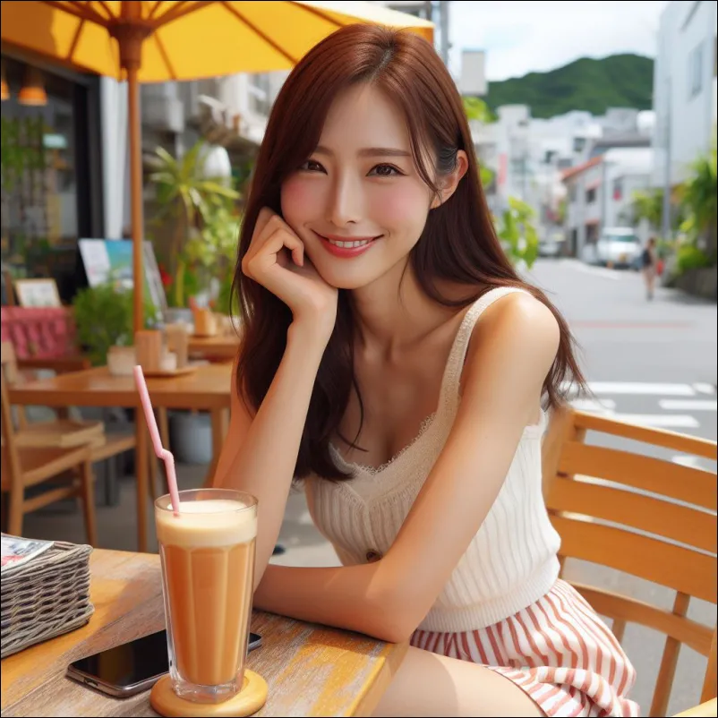 오키나와 날씨 좋아서 카페에서 음료 마시는 여성