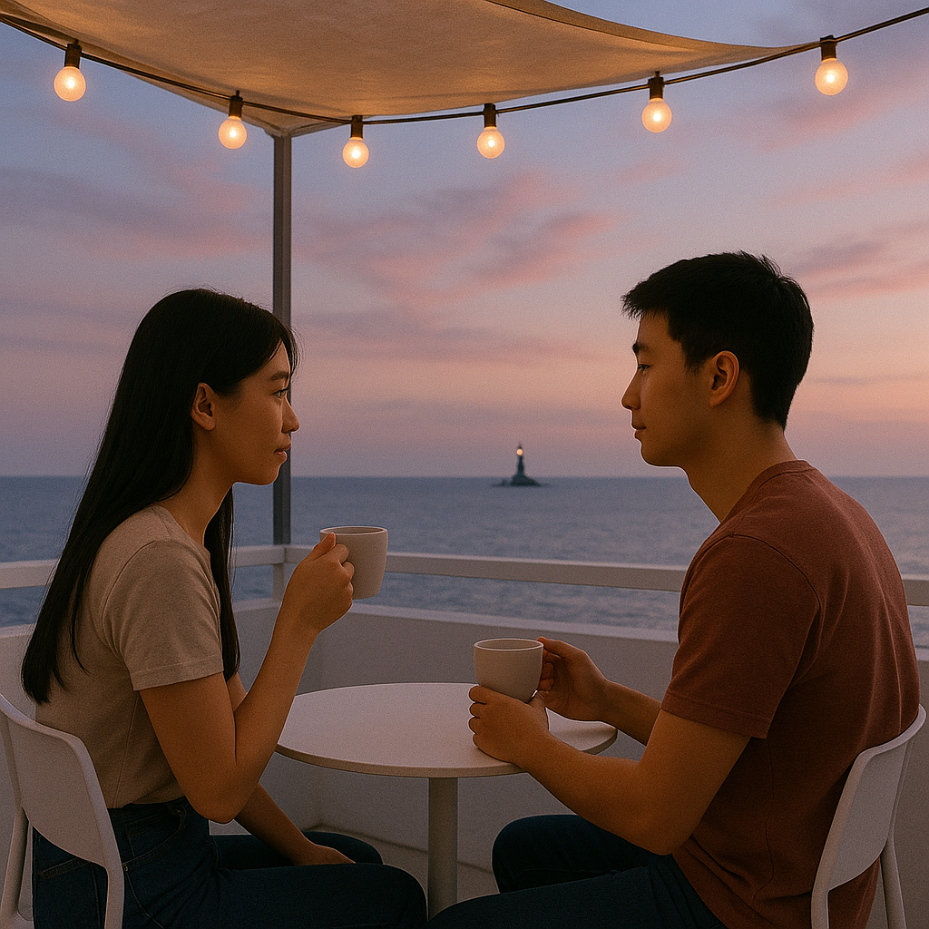 속초 바다를 바라보는 루프탑 감성카페, 파라솔 아래 놓인 테이블과 의자