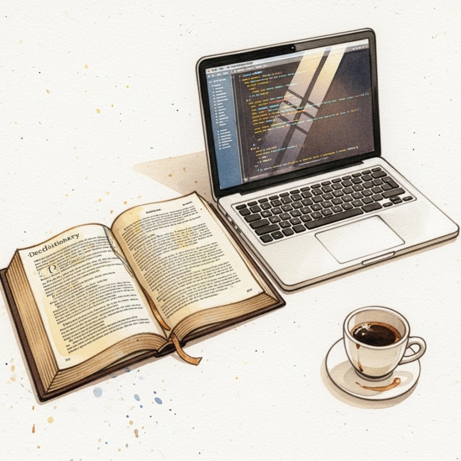 밤늦게까지 번역 작업에 몰두하는 책상 위 소품들