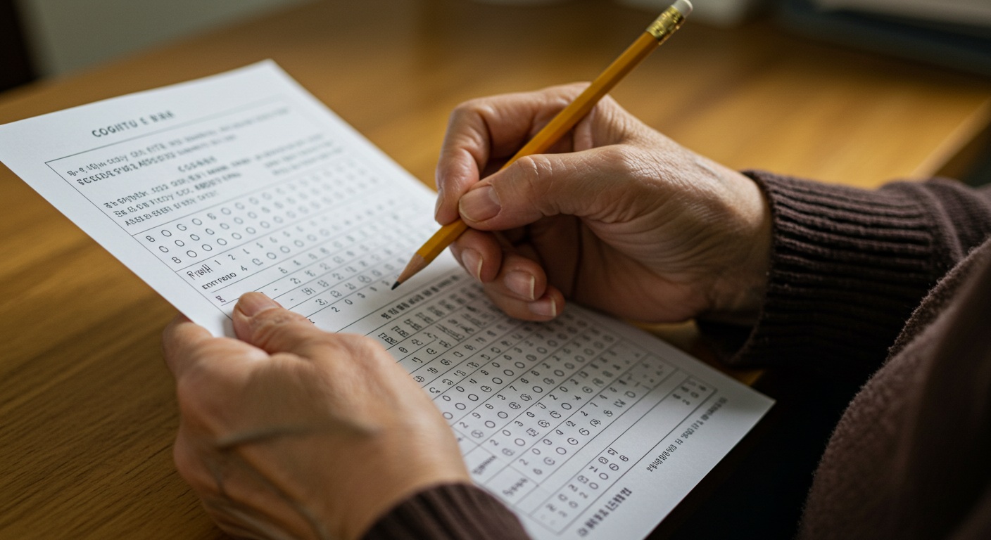 치매 검사지와 연필을 들고 있는 노인의 손