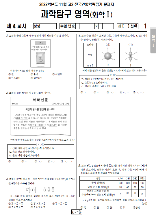 2022-11월-고2-모의고사-화학 1-기출문제-다운