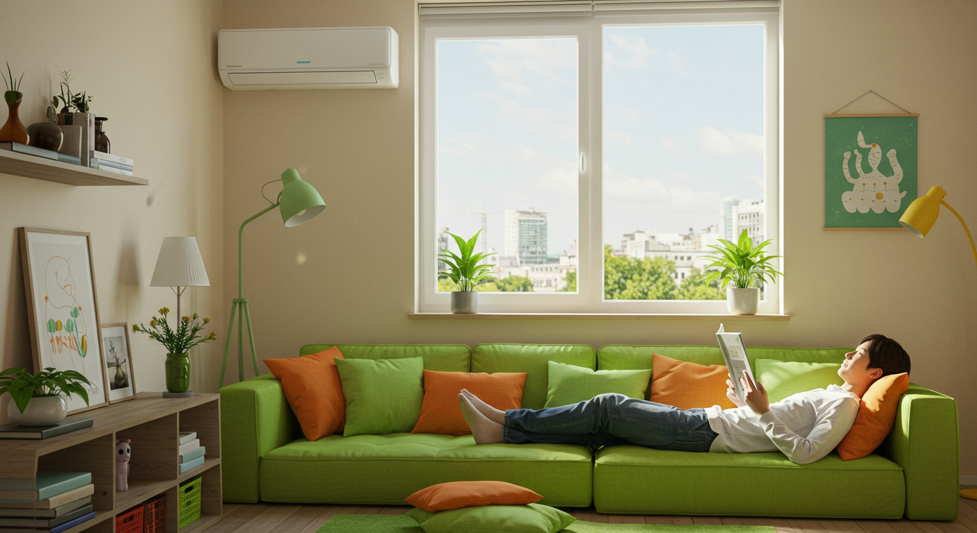 활기찬 그린-오렌지 테마의 현대적인 거실에서 조용하고 효율적인 창문형 에어컨이 시원함을 제공하며 사람이 편안하게 휴식하는 모습.