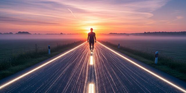 A person-walking-slowly-at-sunrise-on-a-glowing path,-symbolizing-the-importance-of-direction-over-speed.