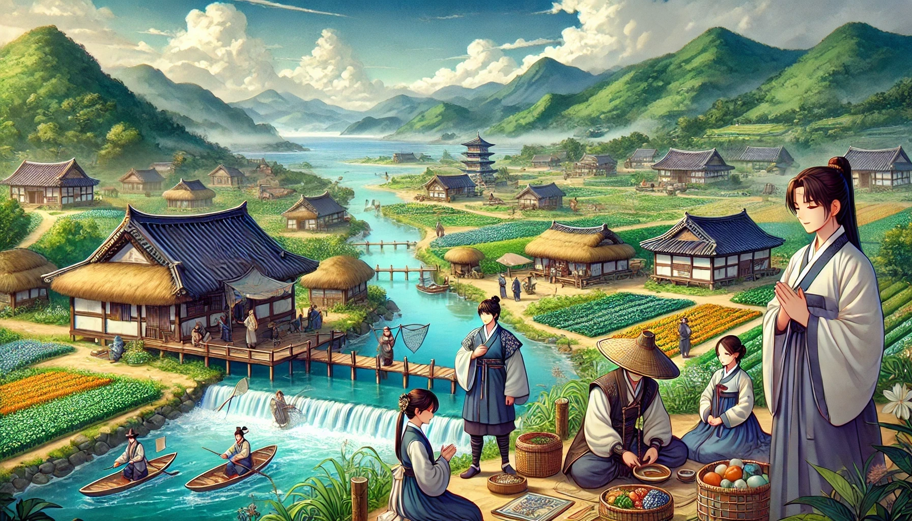 고대 옥저의 평화롭고 고요한 자연 풍경을 담은 배경 일러스트입니다.