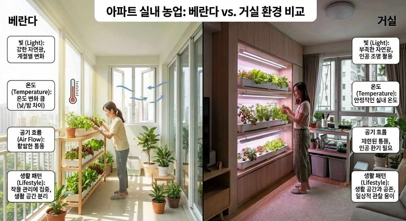 베란다와 거실에서 가능한 농업 환경의 차이