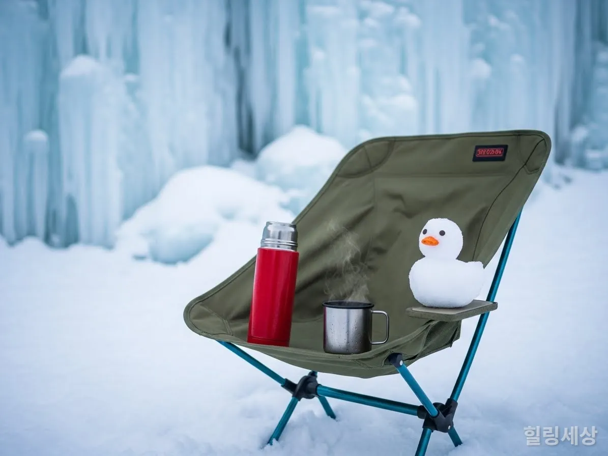 얼음골 빙벽을 배경으로 놓인 캠핑 의자와 따뜻한 커피, 그리고 눈오리 집게로 만든 눈오리