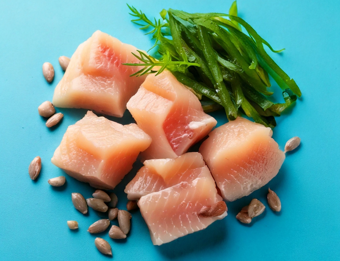 생선과 씨앗,해조가 놓여져있다